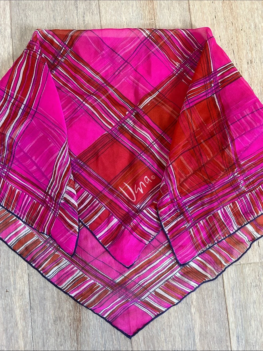 Ugna silk chiffon Vibrant Pink & red Plaid Square Scarf printed look rolled hem